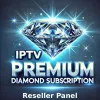 Een fonkelende diamant domineert de afbeelding met "Premium IPTV Panel with credits" in vette, glanzende letters eronder. Onderaan staat kleinere tekst "Diamond Reseller Panel" tegen een donkere achtergrond.