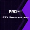 De afbeelding heeft een donkere rasterachtige achtergrond met een opvallende paarse pijl aan de rechterkant. Bovenaan in het midden staat de tekst "IPTV ProMax abonnement + gratis IPTV Pro app" en daaronder, in grote witte tekst, de woorden "IPTV Subscription".