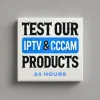 Een bord met een grijze achtergrond waarop in vetgedrukte zwarte en blauwe letters staat: "KRIJG UW IPTV | CCCAM 24 UURS TEST", met een aanbod voor een gratis proefperiode van IPTV.