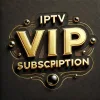 De afbeelding toont de tekst "IPTV VIP-abonnement + gratis IPTV-apps" in vette, gouden, sierlijke letters, met decoratieve gouden en zwarte elementen eromheen, tegen een donkere achtergrond. Het ontwerp heeft een luxe en premium gevoel, dat doet denken aan een exclusieve IPTV-app-ervaring.