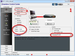 Een screenshot van de Dreambox Control Center-software-interface. Er worden verschillende opties weergegeven, waaronder verbindingstypen (Direct Crossover, Switch/Hub, Router). Inloggegevens (Login: root, Wachtwoord: dreambox) en taalinstellingen zijn rood gemarkeerd. De interface ondersteunt ook cccam-configuratie.