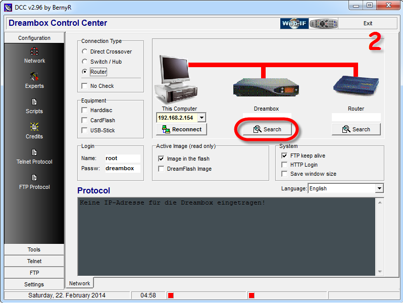 Schermafbeelding van de Dreambox Control Center-software-interface. Het toont verbindingsinstellingen voor een Dreambox en router, met opties om naar apparaten te zoeken en opnieuw verbinding te maken. De interface bevat aan de linkerkant tabbladen voor configuratie, netwerk, tools en protocol, met gedetailleerde verbindingsspecificaties, waaronder CCcam-instellingen.