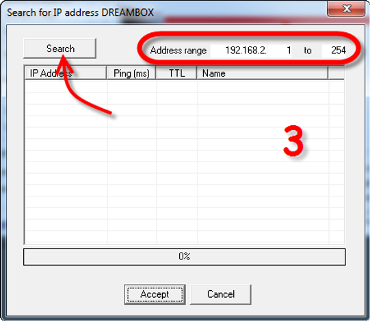 Er wordt een dialoogvenster met de titel "Zoeken naar IP-adres DREAMBOX" weergegeven, met een knop "Zoeken" en een adresbereik van 192.168.2.1 tot 192.168.2.254. Het vak bevat kolommen voor IP-adres, Ping (ms), TTL en Naam, met daaronder ruimte voor cccam-gegevens.