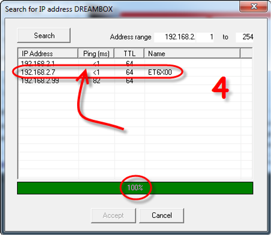 Een venster "Zoeken naar IP-adres" toont een lijst met IP-adressen. Een pijl markeert '192.168.2.7', met 'PING (ms): 1', 'TTL: 64' en 'Naam: ET6X00'. Een andere pijl wijst naar de cccam-vermelding, wat in totaal vier vermeldingen aangeeft. Een groene voortgangsbalk onderaan geeft 100% voltooiing aan.