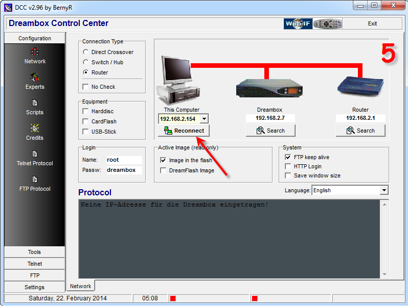 Screenshot van de software-interface "Dreambox Control Center". Het hoofdvenster toont de verbindingstypen, aangesloten apparatuur, aanmeldingspaden en een beeldkiezer waarin 'DreamFlash Image' vooraf is geselecteerd. Hieronder vindt u een protocolfoutmelding in het Duits. De interface ondersteunt ook cccam-configuraties.