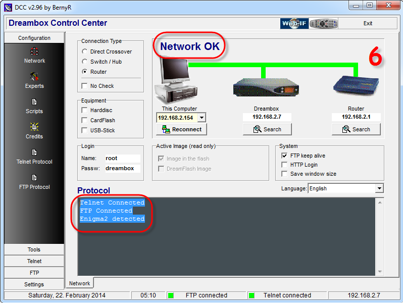 Schermafbeelding van de Dreambox Control Center v2.96-interface met de netwerkstatus als "Netwerk OK" met verbindingen met een Dreambox en een router. Telnet en FTP zijn verbonden, Enigma2 is gedetecteerd en CCCam is actief. Het actieve IP-adres is 192.168.2.7 en de rootgebruiker is ingelogd.