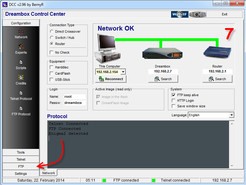 Schermafbeelding van de Dreambox Control Center (DCC)-interface met netwerkinstellingen met de status 'Netwerk OK'. De interface geeft aangesloten apparaten weer: een computer, Dreambox en router. Er worden indicaties weergegeven over de verbinding tussen cccam en FTP. De datum is zaterdag 22 februari 2014.