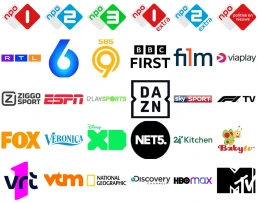 Een witte achtergrond met logo's van verschillende tv-kanalen en streamingdiensten, waaronder NPO 1, RTL, BBC First, Viaplay, ESPN, DAZN, FOX, Disney XD, MTV, National Geographic, HBO Max en meer. De logo's zijn gerangschikt in een rasterpatroon om de enorme selectie te benadrukken die beschikbaar is via een IPTV-abonnement.