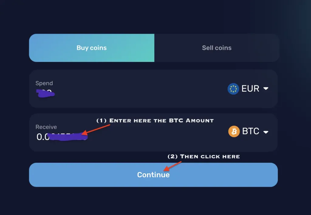 Een screenshot van een cryptocurrency exchange interface toont het "Buy coins" tabblad geselecteerd, met velden voor uitgaven in EUR en ontvangst in BTC via iDeal. Instructies begeleiden gebruikers om het BTC bedrag in te voeren en op "Continue" te klikken.