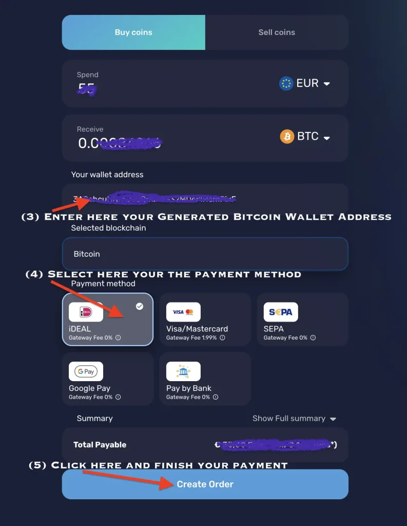 Screenshot van een interface voor de aankoop van cryptocurrency. Stappen tonen het selecteren van valuta (EUR naar BTC), het invoeren van een Bitcoin-walletadres, het kiezen van een betaalmethode (opties zijn onder andere Visa/Mastercard, iDEAL, Google Pay en SEPA) en het maken van een bestelling. Perfect voor streamingliefhebbers die IPTV-diensten gebruiken.